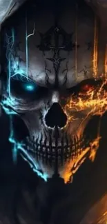 Futuristic neon skull with blue and orange glow on a dark background.