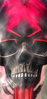 Futuristic skull with neon red accents and smoky effects.