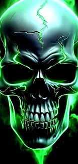 Vibrant neon green glowing skull mobile wallpaper.