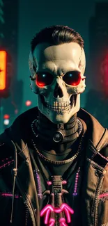 Futuristic neon skull in a cyberpunk city scene.