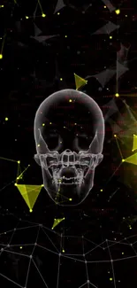 Futuristic neon skull with geometric patterns on a black background.