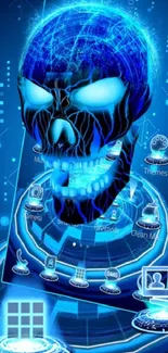 Futuristic neon skull mobile wallpaper with electric blue hues.