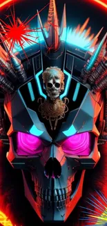 Futuristic neon skull design in vibrant colors.