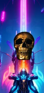 Futuristic neon city with golden skull and robot figure.