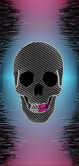 Futuristic skull wallpaper with neon colors and glitch effect.