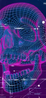 Neon wireframe skull with futuristic design on a dark blue background.