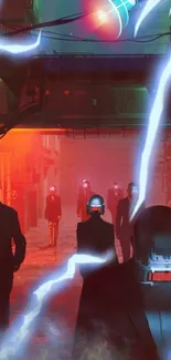 Futuristic cityscape with neon lights and mysterious figures.