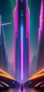 Futuristic neon cityscape wallpaper with towering skyscrapers and vibrant colors.