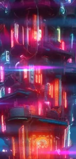 Futuristic skyscraper wallpaper with neon pink and blue lights.