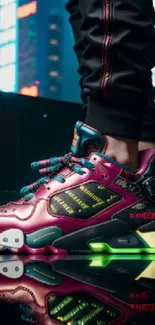 Colorful futuristic sneakers with neon accents on reflective surface.