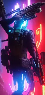 Futuristic soldier in neon cityscape, perfect for mobile wallpaper.