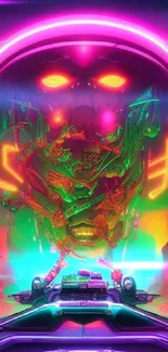 Neon futuristic space scene with mechanical face art.