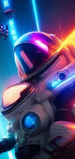 Vibrant neon space scene with astronaut.