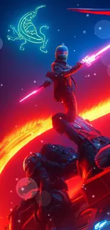 Futuristic neon warriors in space scene with vibrant colors.