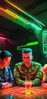 Neon-lit futuristic space bar scene with three people.