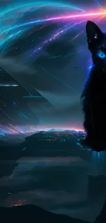 Futuristic neon art with a glowing cat in a cosmic setting.