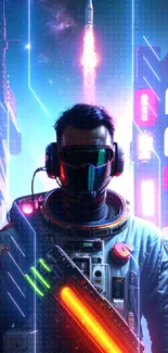 Futuristic astronaut in neon-lit city with rocket launch.