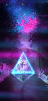 Astronaut in neon triangle under cosmic sky.