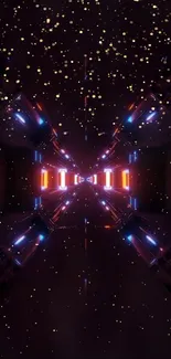 Futuristic neon space tunnel with glowing abstract lights.