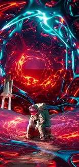 Futuristic neon tunnel with astronaut and spaceship in vivid colors.