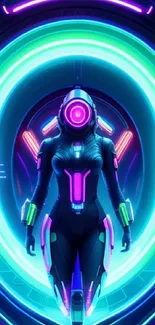 Futuristic neon warrior in cyan hues.