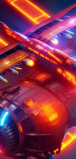 Futuristic neon spaceship soaring through vibrant space scene.