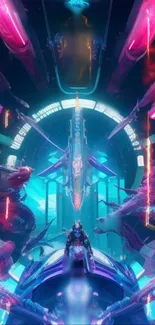 Futuristic neon spaceship in a vibrant sci-fi setting with colorful lights.