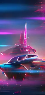 Futuristic spaceship amid neon scenery on mobile wallpaper.