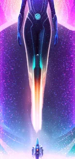 Futuristic neon spaceship with a glowing purple aura.