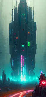 Futuristic spaceship hovering in neon-lit forest with vibrant light trails.