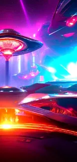 Futuristic neon spaceship scene with vibrant colors.