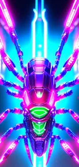 Futuristic neon spider with glowing pink and blue on wallpaper.