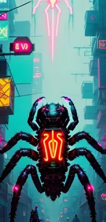 Futuristic neon spider in a cyberpunk cityscape.