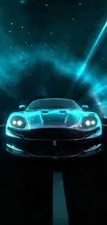 Futuristic neon sports car on a dark night road.