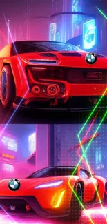 Futuristic red sports car with neon lights in an urban setting.