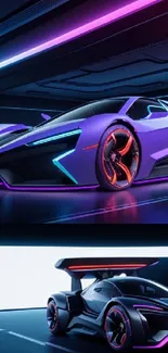 Futuristic neon sports car in vibrant colors.