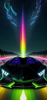 Futuristic neon sports car driving on colorful cosmic road.