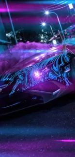 Futuristic sports car with neon lights in vibrant purple and blue colors.