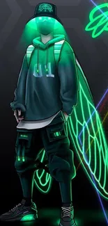 Futuristic neon character with glowing elements and street fashion.