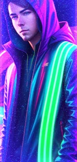 Futuristic neon art wallpaper with hooded figure.