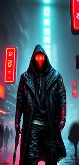 Hooded figure in neon-lit cyberpunk street.