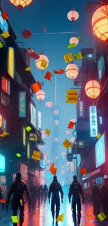 Futuristic city street with neon lights and lanterns at night.