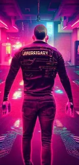 A man in a neon-lit futuristic street setting.