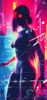 Futuristic neon-lit street scene with a mysterious silhouette figure.