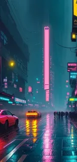 Futuristic neon-lit city street at night.