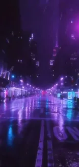 Futuristic neon street with purple lighting reflecting on wet pavement.