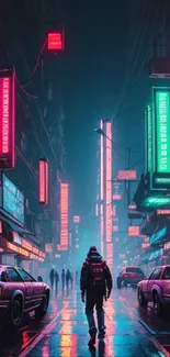 Futuristic neon city street with towering signs and misty atmosphere.