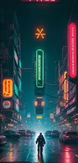 Futuristic neon-lit city street with motorcycle and glowing signs.