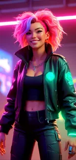 Futuristic neon style wallpaper with vibrant character and pink hair.