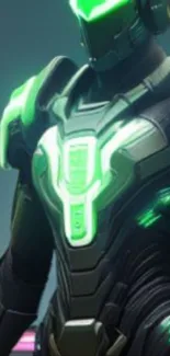 Futuristic robot armor with neon green glow